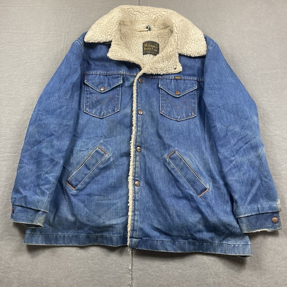 Vintage Maverick Ranch Coat Denim Jacket‎ Mens XL Blue Sherpa Lined USA Snap